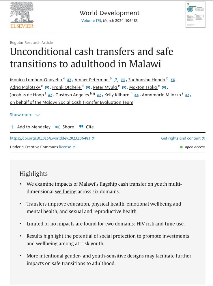 Transfer Project (@transferprojct) on Twitter photo .<a href="/Monica_Lambon/">Monica Lambon- Quayefio</a> et al. found that in Malawi, household receipt of bi-monthly transfers led to improvements in 4/6 outcome domains
1) education
2) physical health
3) emotional wellbeing & mental health
4) sexual and reproductive health.
read more here ⤵️
doi.org/10.1016/j.worl… .<a href="/Monica_Lambon/">Monica Lambon- Quayefio</a> et al. found that in Malawi, household receipt of bi-monthly transfers led to improvements in 4/6 outcome domains
1) education
2) physical health
3) emotional wellbeing & mental health
4) sexual and reproductive health.
read more here ⤵️
doi.org/10.1016/j.worl…