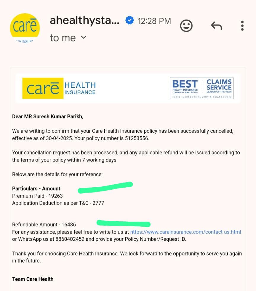 SanjayYada7n's tweet photo. 🚨 Insurance company cannot deduct a "service charge on Fresh Policy Still CARE Health Insurance has deducted the 12% of amount when insured decided to not continue with the counter offer on his base policy. 

@CareHealthIndia Kuch to Logic and rule follow karo https://t.co/aCoWUyGUzR