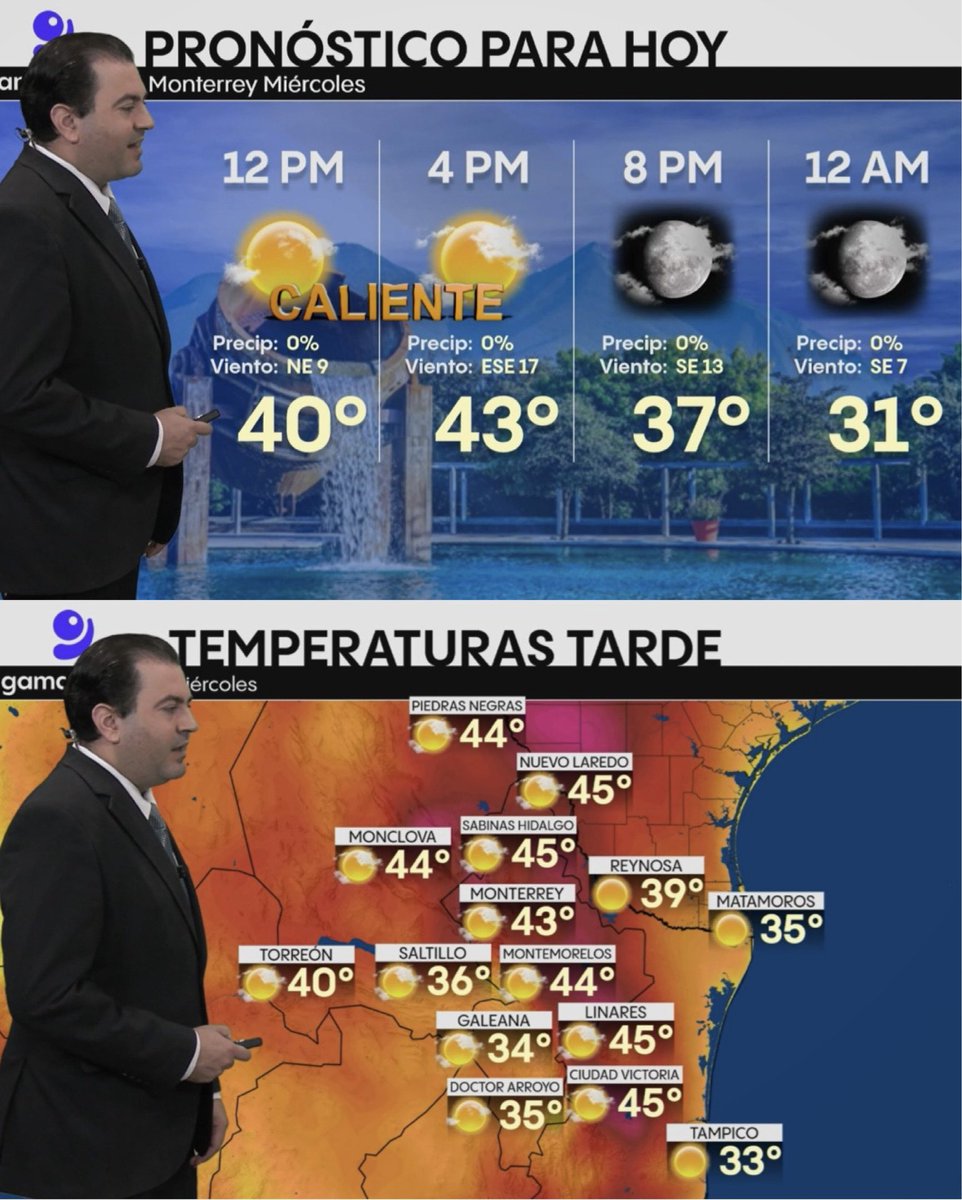 🥵🫠 Miércoles de intenso calor en #Monterrey y gran parte de la región noreste con temperaturas máximas de 42 a 45°.

⚠️ Hidrátese bien
⚠️ No se exponga al sol en las horas de mayor radiación
⚠️ Cuide a niños, adultos mayores y mascotas

Su #PronósticoDelTiempo en <a href="/gamavisionmx/">Gamavisión Noticias</a>