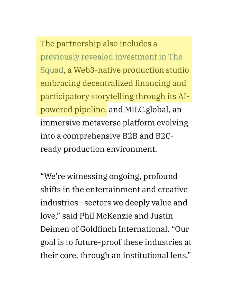 .<a href="/Film3Squad/">The Squad | Origin of Film3</a> is excited about this funding partnership with <a href="/GoldfinchEnt/">Goldfinch</a> &amp; Luxembourg’s Digital Genesis! We've been leading the charge in Web3 entertainment, now we're redefining how cinematic universes are created, developed, &amp; experienced. Stay tuned... #Film3