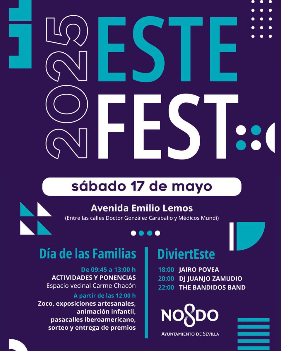 La Feria de Sevilla es la telonera del ESTE FEST de Sevilla Este.
Este sábado 17 de mayo nos vemos.
Pasearé sin escolta para saludar a mi pueblo. 
<a href="/DtoEsteAlcTorre/">Distrito Este-Alcosa-Torreblanca (Sevilla)</a> <a href="/ppepelusev/">jlgm</a> <a href="/PabloTarno/">Pablo Tarno</a>