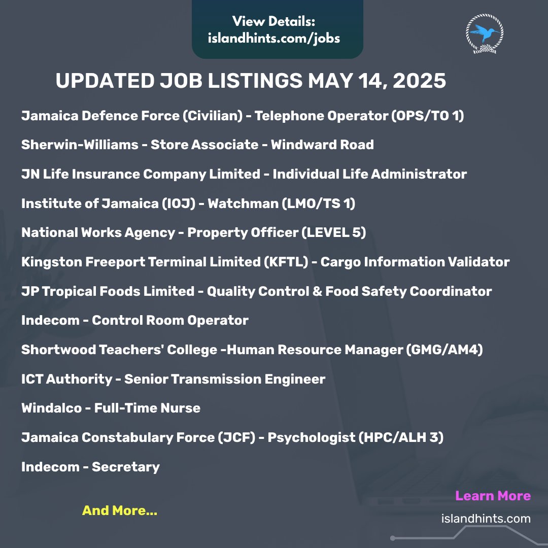 Explore these fresh openings:

🔗 Apply Now: Visit islandhints.com/jobs for direct links to all listings.

⚠️ Applications cannot be submitted on our website. Follow the job listing for full details.

#JobsInJamaica #IslandHints