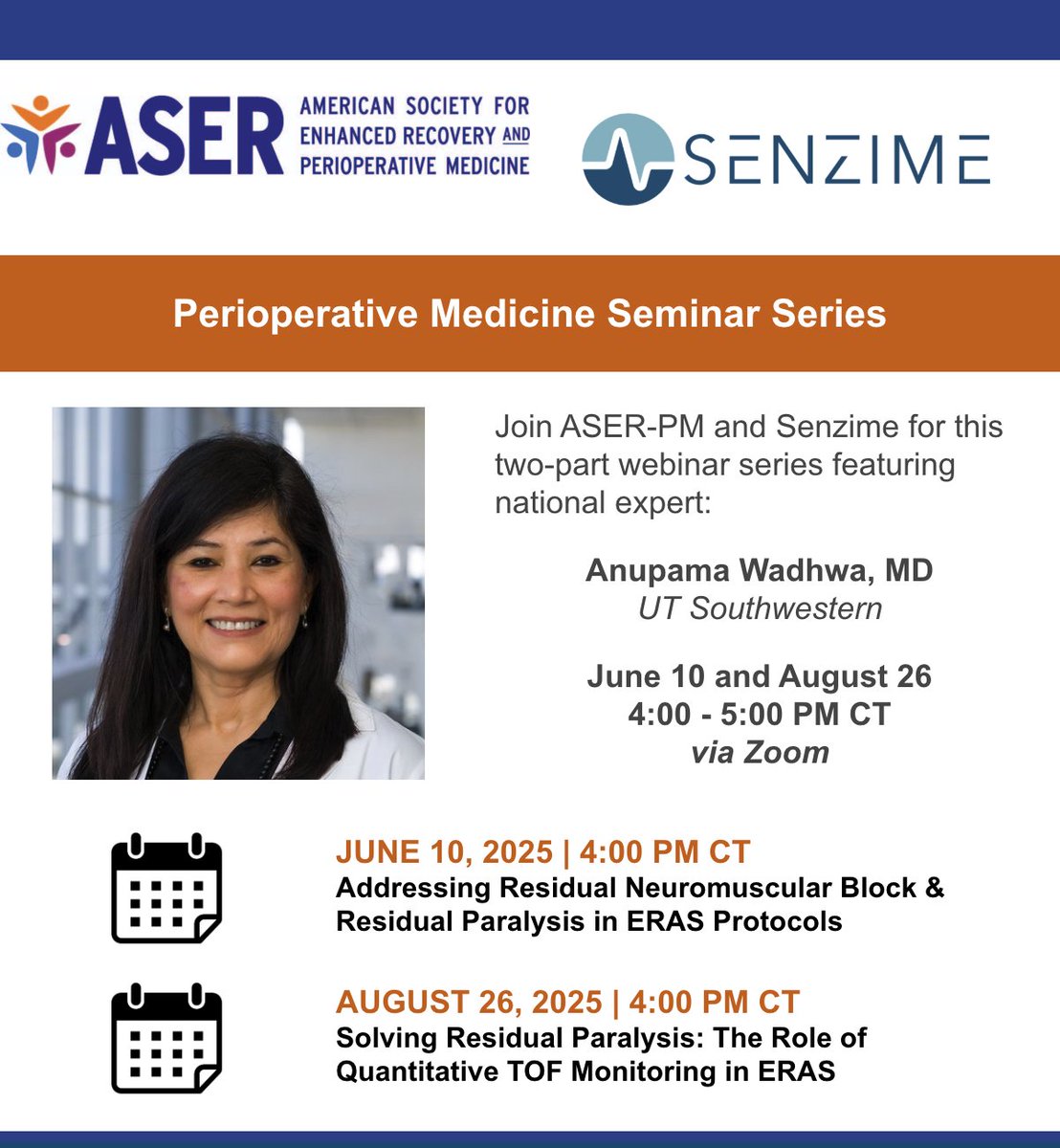 ASER (@aser_hq) on Twitter photo Join us for a 2-part webinar series sponsored by <a href="/SenzimeInfo/">Senzime - Innovative Patient Monitoring</a>
🗓️June 10
Join a panel of esteemed subject matter experts as they explore the clinical challenge of residual neuromuscular block (rNMB) and residual paralysis in patients undergoing surgery.
aserhq.org/web/education-… Join us for a 2-part webinar series sponsored by <a href="/SenzimeInfo/">Senzime - Innovative Patient Monitoring</a>
🗓️June 10
Join a panel of esteemed subject matter experts as they explore the clinical challenge of residual neuromuscular block (rNMB) and residual paralysis in patients undergoing surgery.
aserhq.org/web/education-…