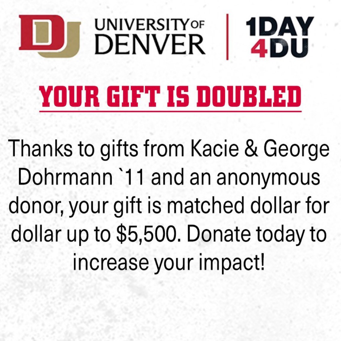 The Day Has Arrived!
Support the program as a part of #1Day4DU at the link below.

Thanks to and anonymous donor and Kacie &amp; George Dohrmann '11 for matching our first $5,500 raised today.

🔗: bit.ly/42WhDrj
#GoPios