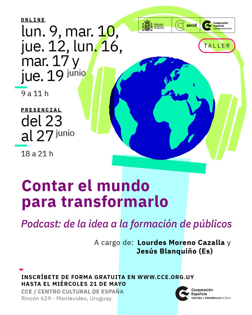 Centro Cultural de España en Montevideo (@ccemontevideo) on Twitter photo 🎙️ ¿Tenés una idea que podría ser un podcast?
Sumate al taller "Contar el mundo para transformarlo", con <a href="/lmcazalla/">Lou Moreno Cazalla</a> y <a href="/JesusBlanquino/">Jesús Blanquiño</a> .
Online y presencial en junio.
Gratis, cupos limitados 👉shorturl.at/lRcuI 🎙️ ¿Tenés una idea que podría ser un podcast?
Sumate al taller "Contar el mundo para transformarlo", con <a href="/lmcazalla/">Lou Moreno Cazalla</a> y <a href="/JesusBlanquino/">Jesús Blanquiño</a> .
Online y presencial en junio.
Gratis, cupos limitados 👉shorturl.at/lRcuI