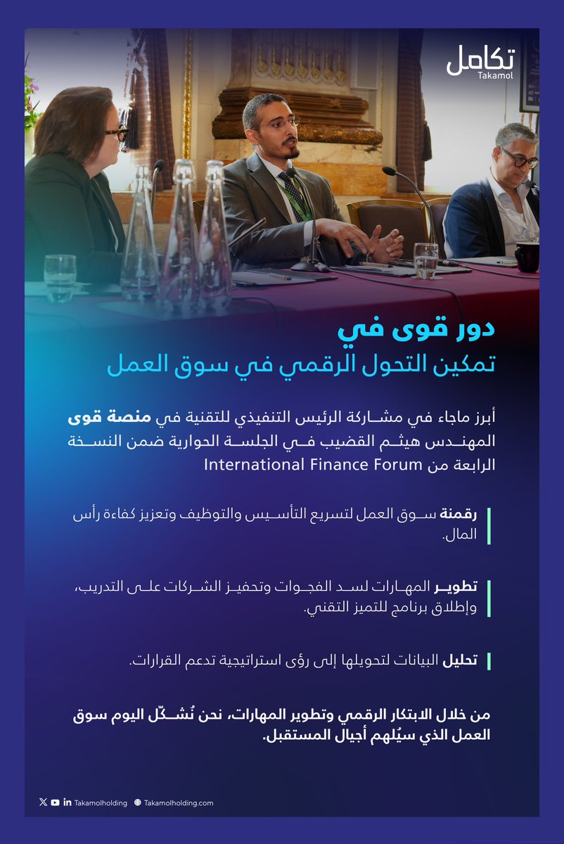 خلال منتدى التمويل الدولي #IFF25، استعرض المهندس هيثم القضيب – الرئيس التنفيذي للتقنية في منصة قوى تجربة المملكة في رقمنة سوق العمل، كأحد أبرز النماذج الرقمية في العالم، حيث تسهم "قوى" في تسريع التوظيف، وتحليل البيانات، وسد الفجوة المهارية.