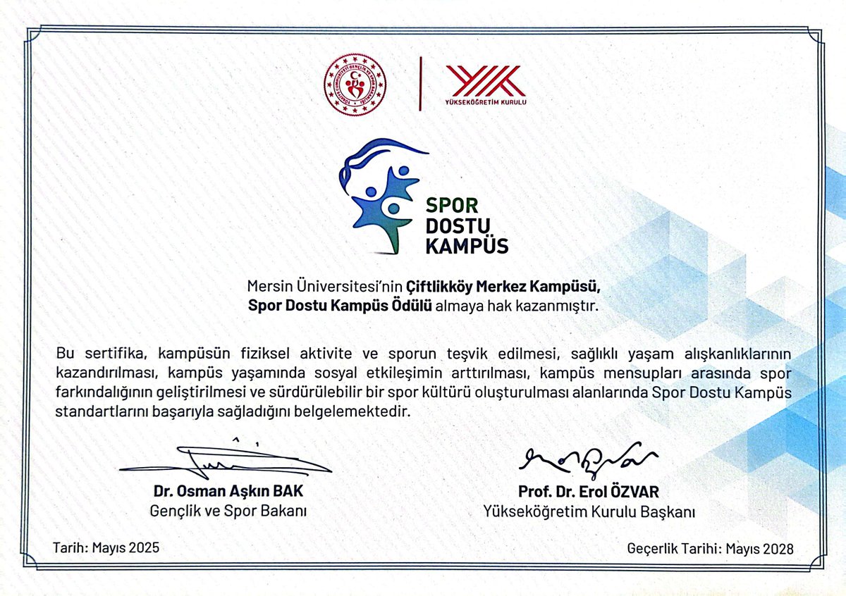 Üniversitemize Yüksek Öğretim Kurulu’ndan Spor Dostu Kampüs Ödülü 🏆

🗣️ <a href="/YasarProf/">Prof Dr Erol Yaşar</a>, “Bu ödül Üniversitemizin spor altyapısına, öğrenci katılımına ve sağlıklı yaşam kültürüne verdiği önemin bir göstergesi, gururluyuz.”

Detaylar 🔗 mersin.edu.tr/haberler/39078…

#MersinÜniversitesi