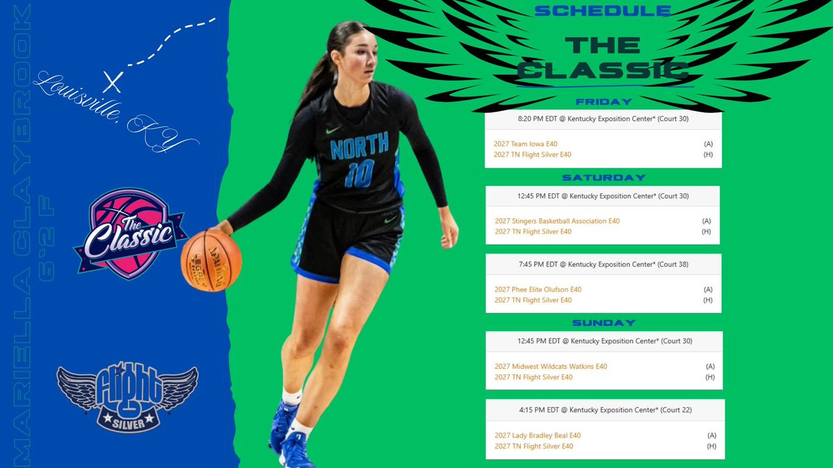 mariella claybrook (@mariella_c1) on Twitter photo Come watch us at The Clash this weekend in Louisville KY!!
Current schedule⬇️
<a href="/TNFlightEYBL/">Tennessee Flight EYBL</a> <a href="/Elite40League/">Elite 40 League</a> <a href="/CoachVez4/">Vez Smith</a> <a href="/NorthLaurelGBK/">North Laurel GBK</a> <a href="/CoachMahan/">Eddie Mahan</a> Come watch us at The Clash this weekend in Louisville KY!!
Current schedule⬇️
<a href="/TNFlightEYBL/">Tennessee Flight EYBL</a> <a href="/Elite40League/">Elite 40 League</a> <a href="/CoachVez4/">Vez Smith</a> <a href="/NorthLaurelGBK/">North Laurel GBK</a> <a href="/CoachMahan/">Eddie Mahan</a>