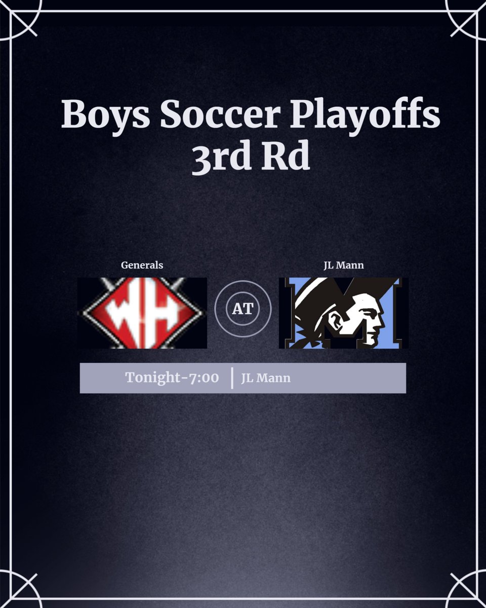 Generals Athletics (@whhs_athletics) on Twitter photo Boys Soccer travels to JL Mann tonight for a quarterfinal matchup with the Patriots. Good luck guys! <a href="/WadeHampton_HS/">Wade Hampton High</a> Boys Soccer travels to JL Mann tonight for a quarterfinal matchup with the Patriots. Good luck guys! <a href="/WadeHampton_HS/">Wade Hampton High</a>