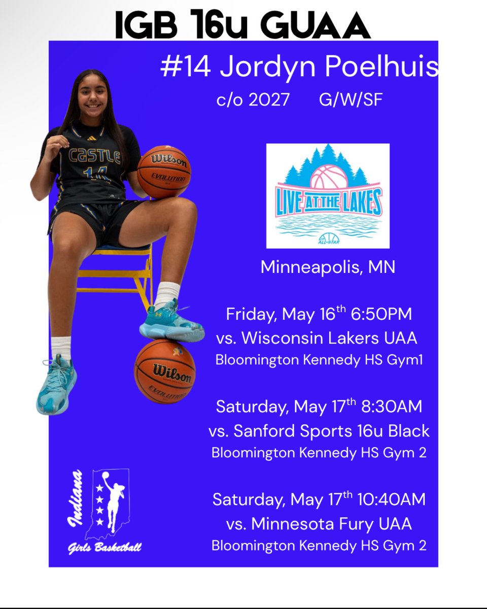 Jordyn Poelhuis (@27jordynp) on Twitter photo Ready to hoop this weekend at Live At The Lakes in MN with my team! Here’s our schedule! <a href="/IGB16uGUAA/">IGB 16u GUAA</a> <a href="/IGB_Hoops/">Indiana Girls Basketball</a> <a href="/CastleGBasketb1/">@CastleG_Basketball</a> Ready to hoop this weekend at Live At The Lakes in MN with my team! Here’s our schedule! <a href="/IGB16uGUAA/">IGB 16u GUAA</a> <a href="/IGB_Hoops/">Indiana Girls Basketball</a> <a href="/CastleGBasketb1/">@CastleG_Basketball</a>
