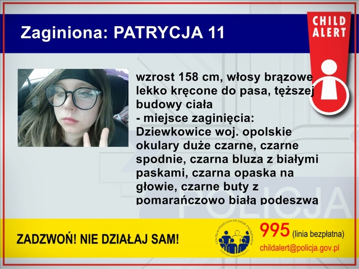 OficjalneZero's tweet photo. 🚨 URUCHOMIONO CHILD ALERT!
Zaginęła 11-letnia Patrycja.
Udostępniajcie! https://t.co/PYlhUJH3pf