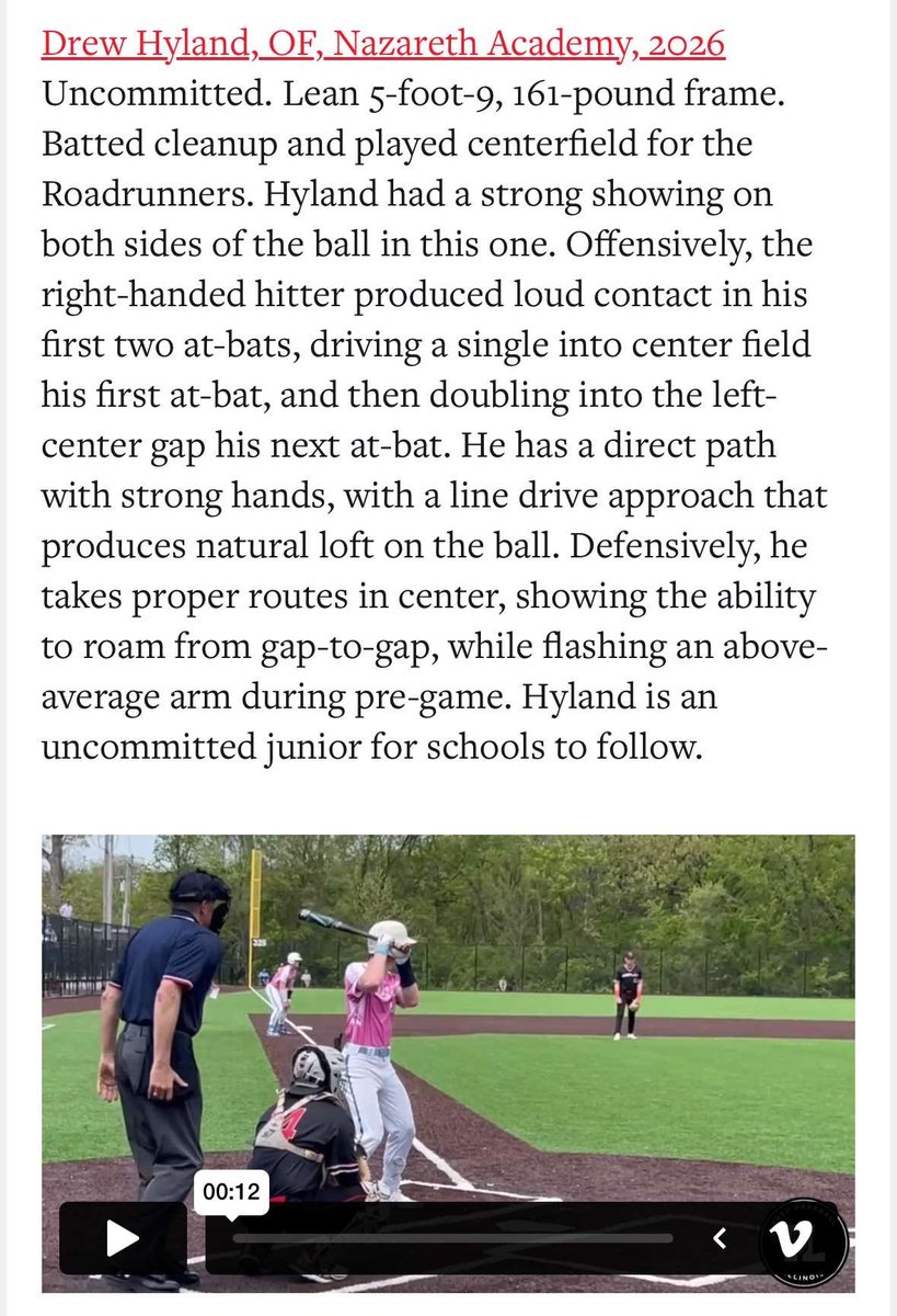 Thank you <a href="/PrepBaseballIL/">Prep Baseball Illinois</a> for the write up on the Week 8 Scout Blog