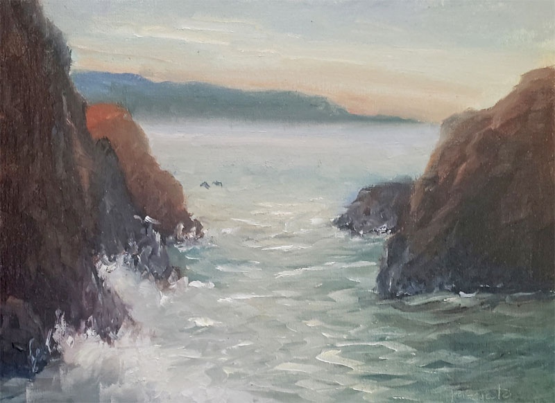 Catherine Fasciato is influenced by the aesthetic appeal of Asian art and the love of nature. She prefers to paint with oils, loving their feel and texture.

Golden Sky at Mussel Rock  
oil on panel   9 x 12

#oilpainting #artwork #artist #beach #art #nature