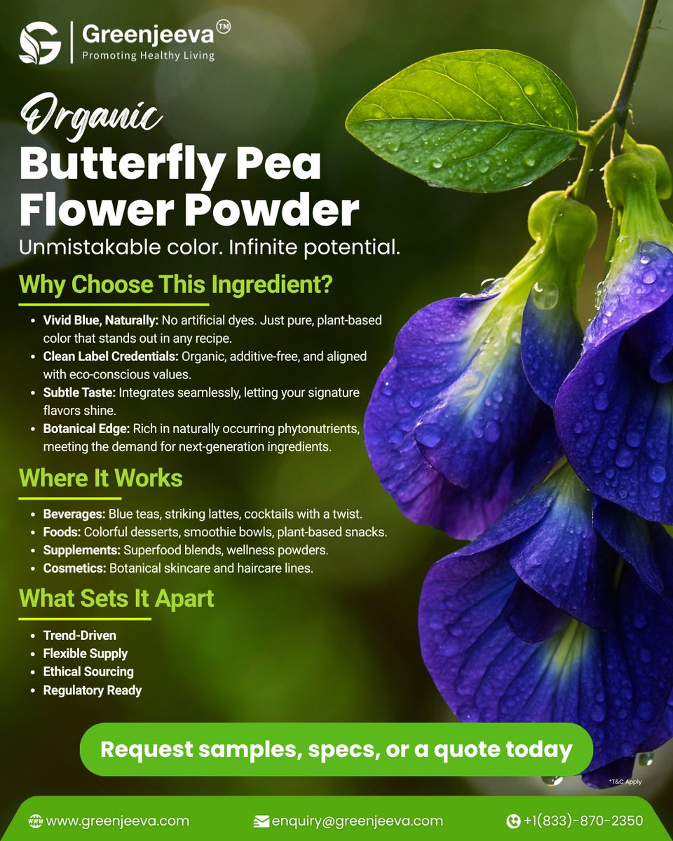 GreenJeeva's tweet image. Pure blue power in a powder. Organic butterfly pea flower adds natural color and a hint of earthiness to your recipes and formulas - no additives, just plant-based brilliance.

Explore more: - greenjeeva.com/product/organi…

#ButterflyPeaFlower #CleanLabelIngredients #FoodInnovation