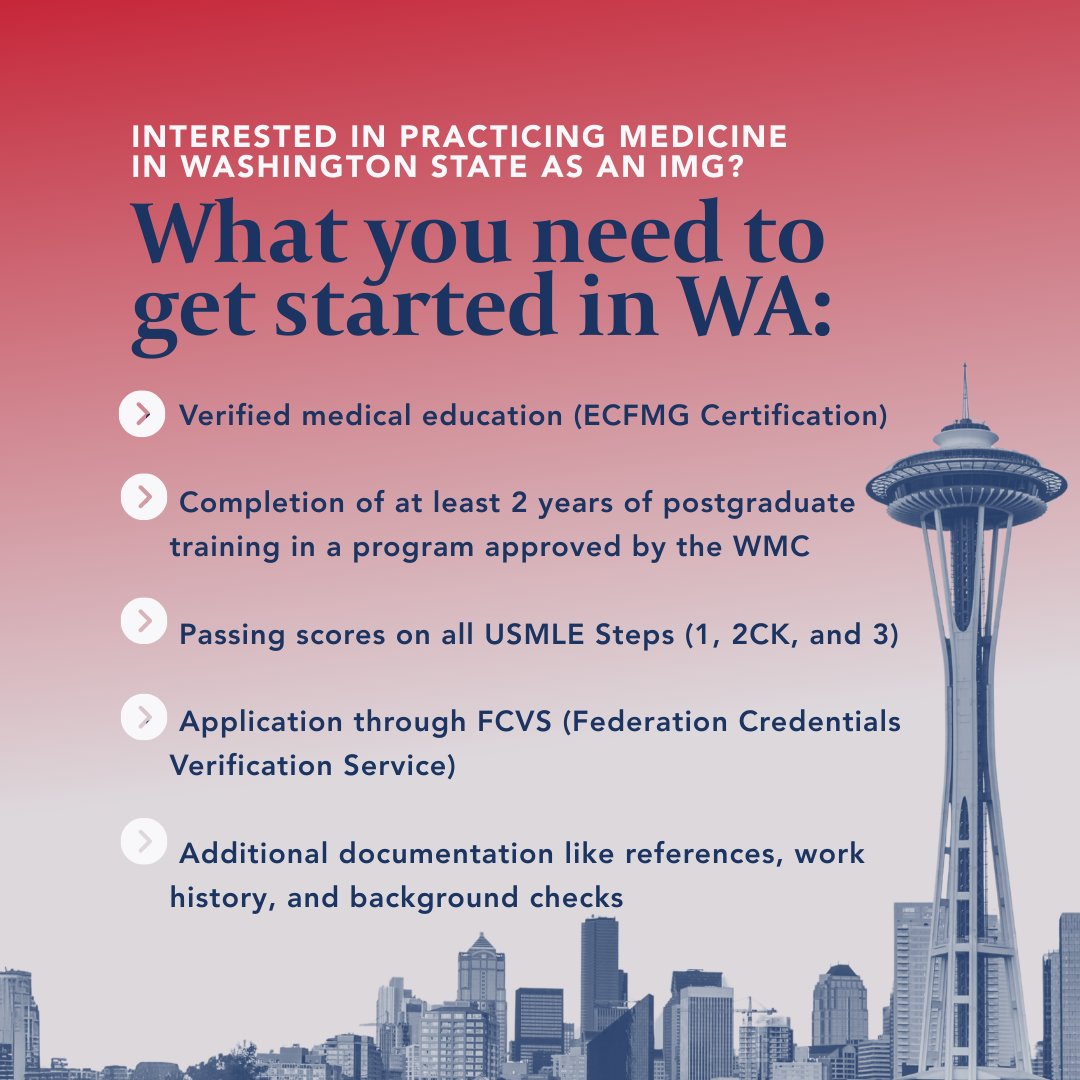 Want to practice medicine in Washington State as an IMG? Here's how 📌 

#IMGJourney #PhysicianLicensing #WashingtonState #USMLE #IMGSupport #TIMGAFamily #FuturePhysician #MedicalLicensureUSA