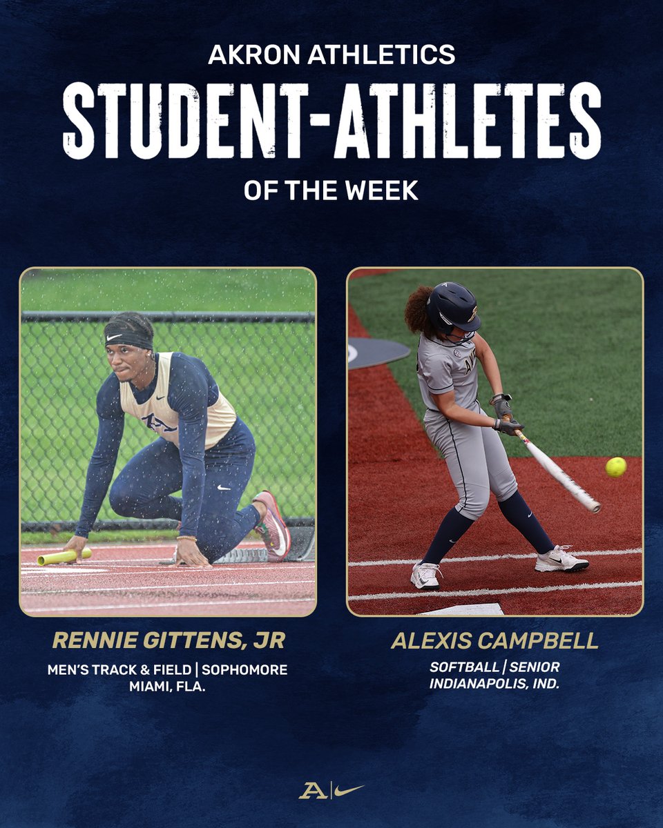 👏 Congrats to Akron Zips SAOTW <a href="/ZipsTFCC/">Akron Zips Track/CC</a> Rennie Gittens Jr. &amp; <a href="/ZipsSB/">Akron Zips Softball</a> Alexis Campbell.

Campbell led the Zips and was named to the All-MAC Tournament team, while Gittens earned a weekly MAC award after setting a PR and winning the 100m at the Northeast Ohio Open.

#GoZips🦘