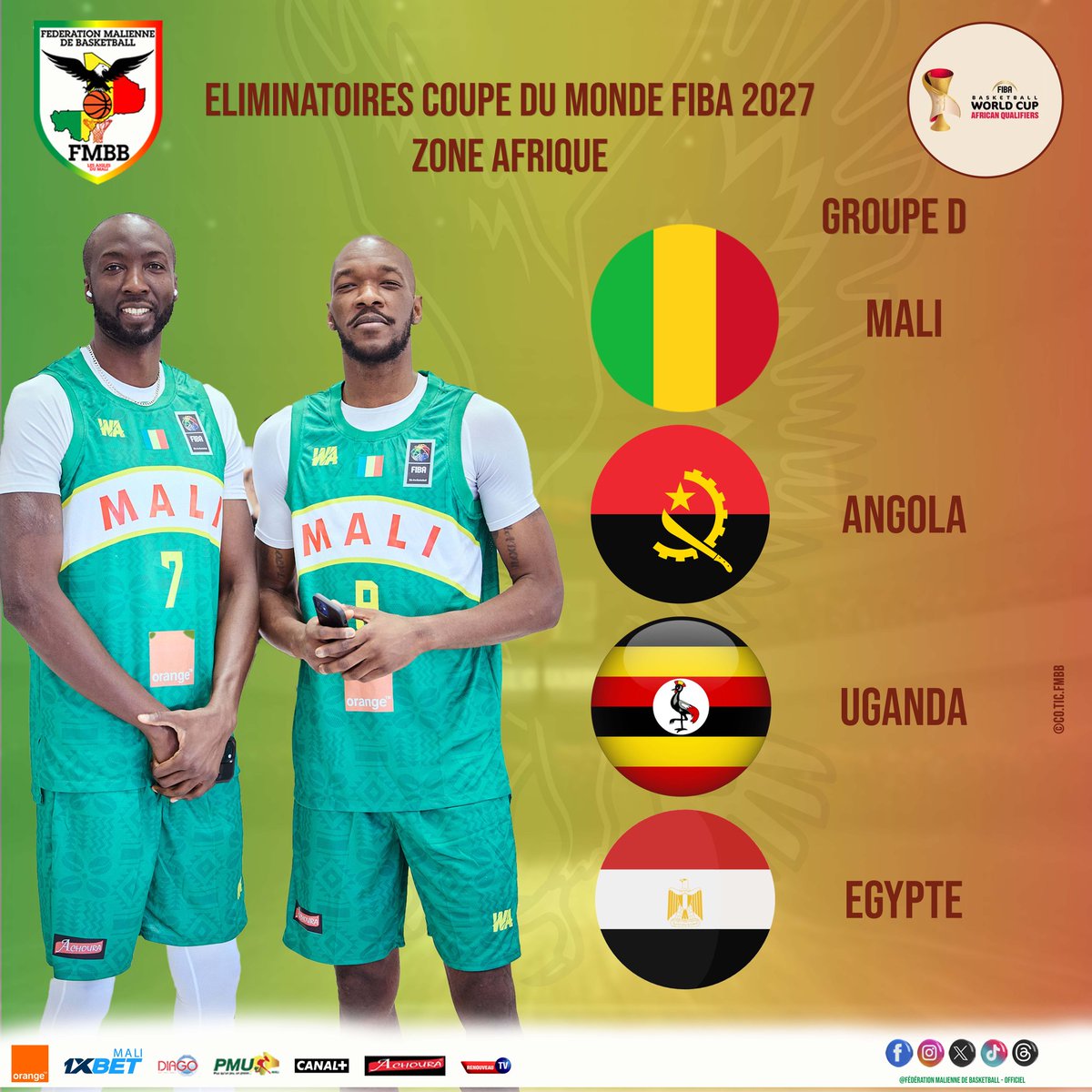 #fibawcqualifiers 
Le Mali connaît ses adversaires pour les éliminatoires zone Afrique de la Coupe du Monde FIBA 2027. Logés dans le groupe D, les Aigles vont croiser le fer contre l'Angola, l'Uganda et l'Égypte ! 
#coupedumondefiba 
#allezaigles🦅🇲🇱🏀 #fmbb #mali