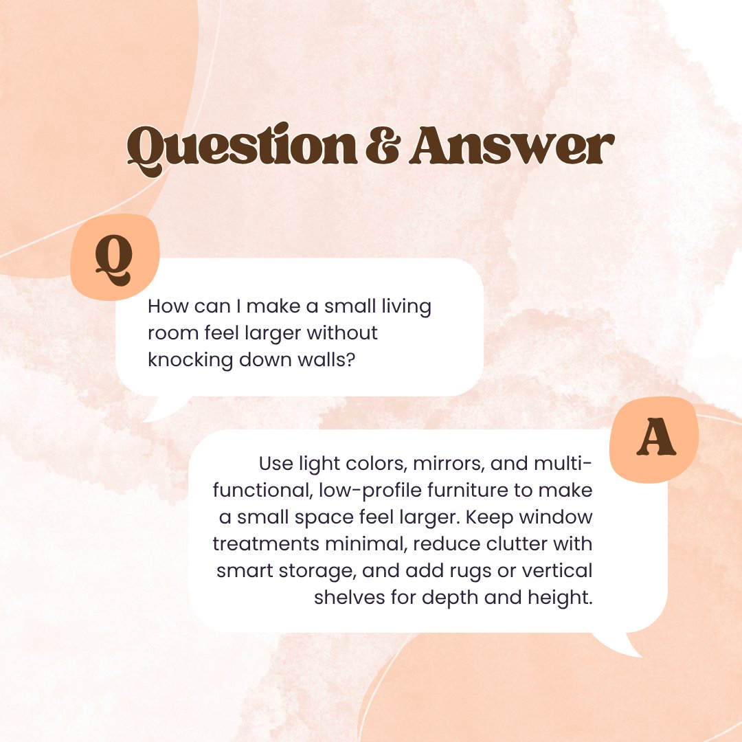 MarieBurgosID's tweet image. How can I make a small living room feel larger without knocking down walls?
Use light colors, mirrors, and multi-functional furniture to open up the space visually.
#DesignerTips #SmallSpaceDesign #InteriorDesignQandA #LivingRoomHacks #DesignSmart #SpaceSavingSolutions #Home
