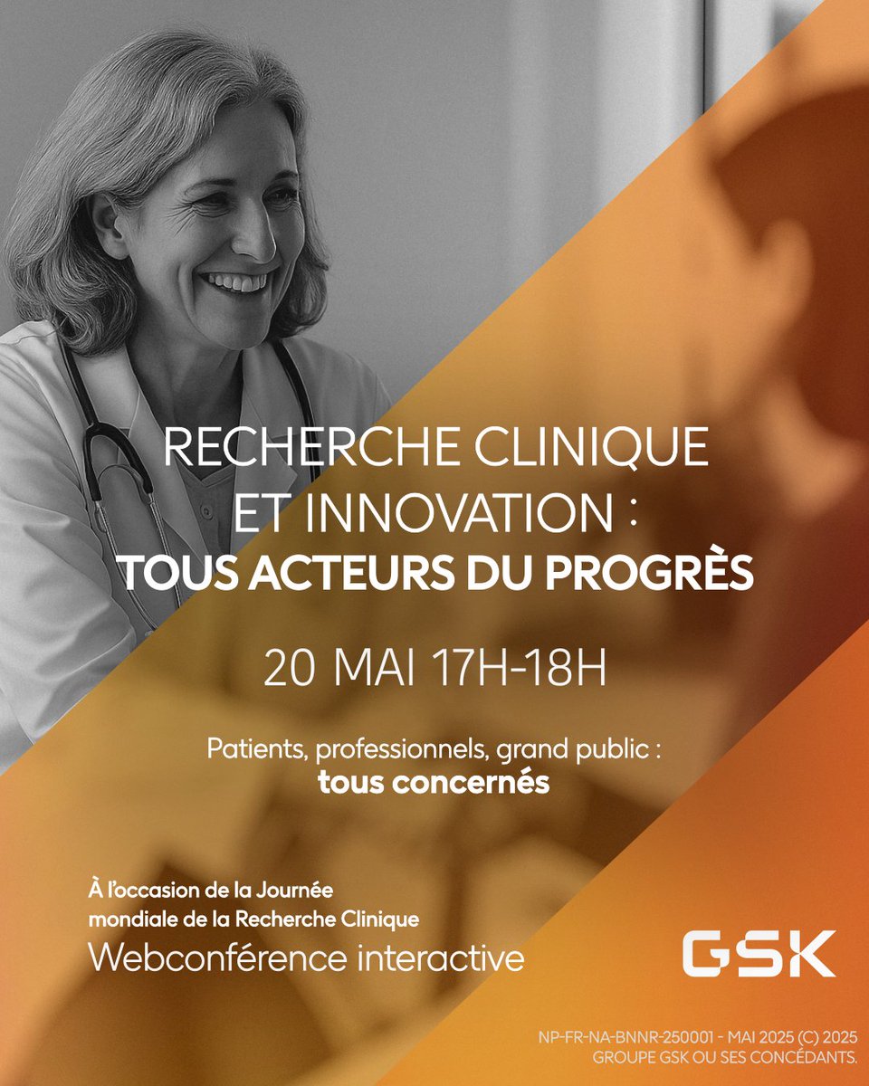 🔔 Webconférence – Mardi 20 mai à 17h

🔬 Patients, aidants, pros, citoyens : vous avez un rôle à jouer !
📣 Rejoignez ce webinaire pour échanger sur la place des patients dans la recherche.

📍 En ligne | 🕔 1h
🔗 Inscription ➡️urls.fr/MDibVZ

#rechercheclinique #santé