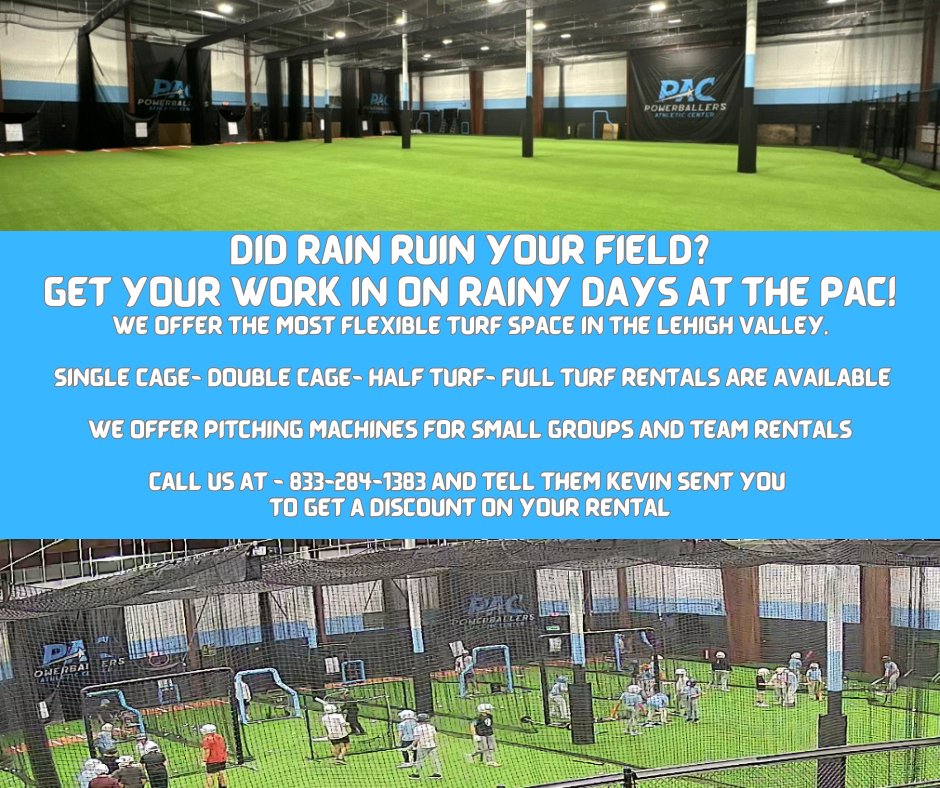Did rain ruin your field?
Get your work at the PAC!
We offer the most flexible turf space in the Lehigh Valley.
SINGLE CAGE- DOUBLE CAGE- HALF TURF- FULL TURF RENTALS ARE AVAILABLE
We offer pitching machines for small groups and team rentals
call us at - 833-284-1383 and tell