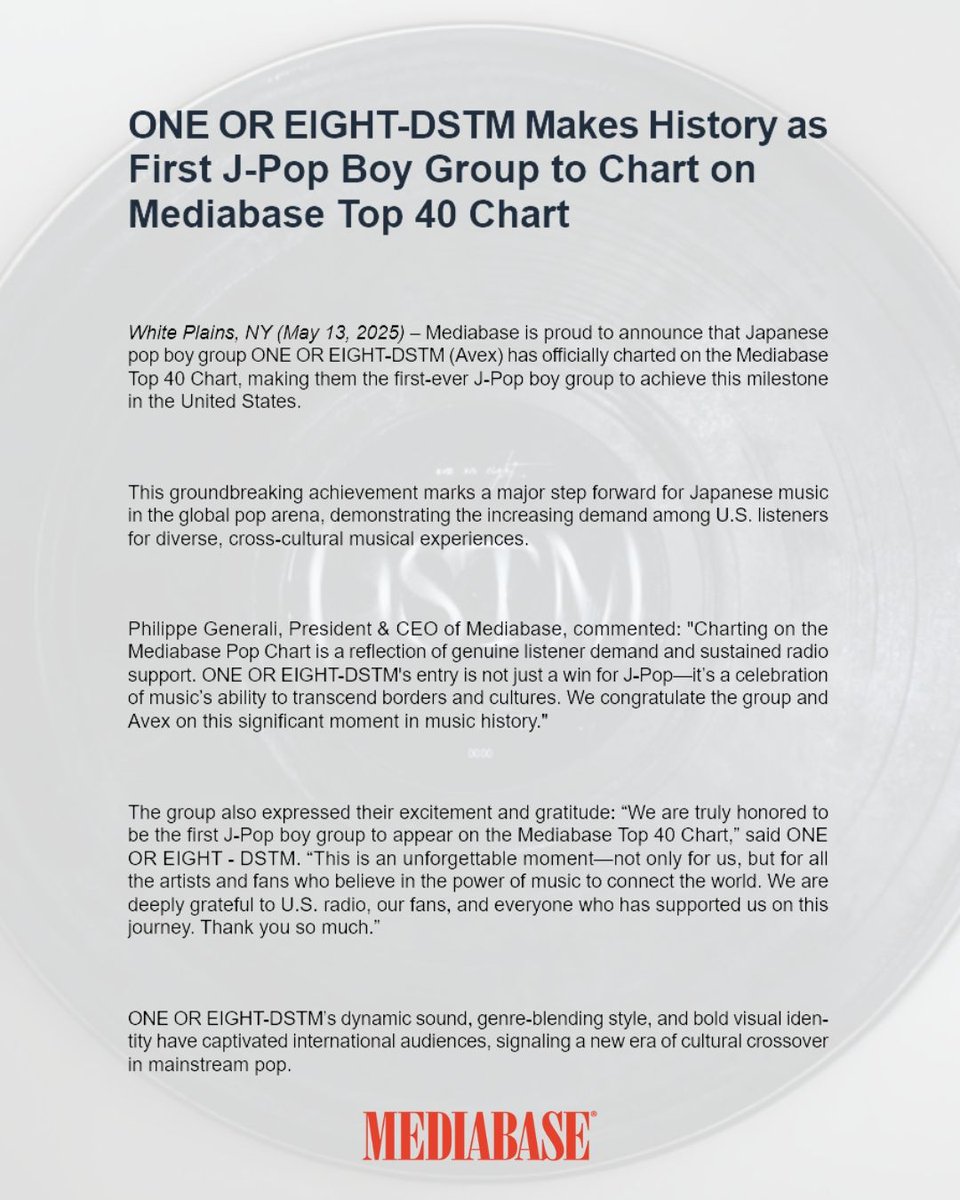MediabaseCharts's tweet image. HUGE congrats to ONE OR EIGHT! Their track "DSTM" has officially made history as the FIRST J-Pop boy group song to chart on the Mediabase Top 40! 🎉 

#ONEOREIGHT #JPop #Top40 #Mediabase