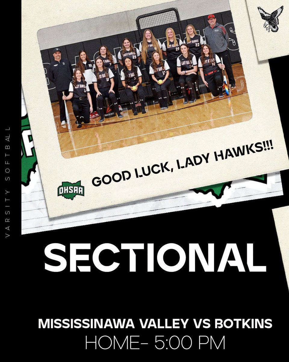 🥎 Sectional starts today (5/14)! 

⏰ 5:00 PM

🎟️ Students- $5 Adults- $8
Tickets can be purchased online or at the gate **NO PASSES
ohsaa.org/tickets

GOOD LUCK, Lady Hawks 🦅