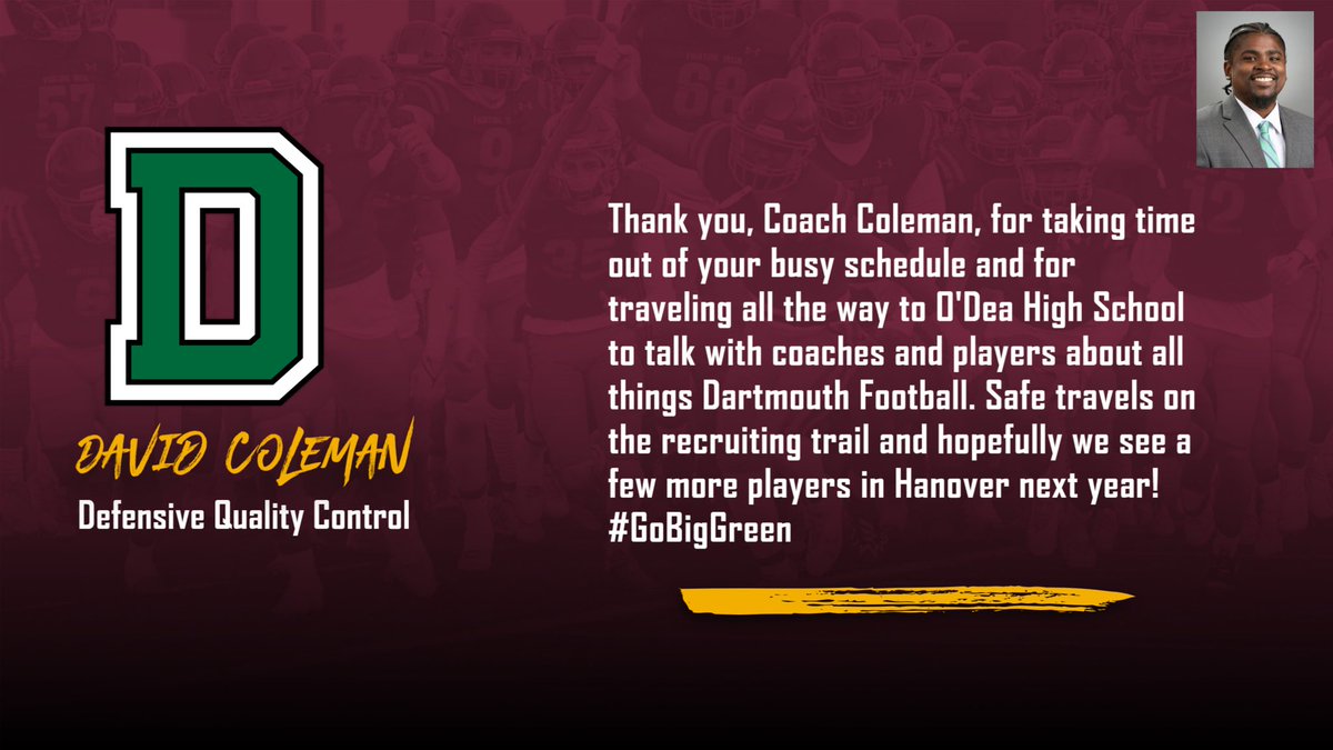 Thanks Coach Coleman and <a href="/DartmouthFTBL/">Dartmouth Football</a> for coming all the way to O’Dea! #GoIrish