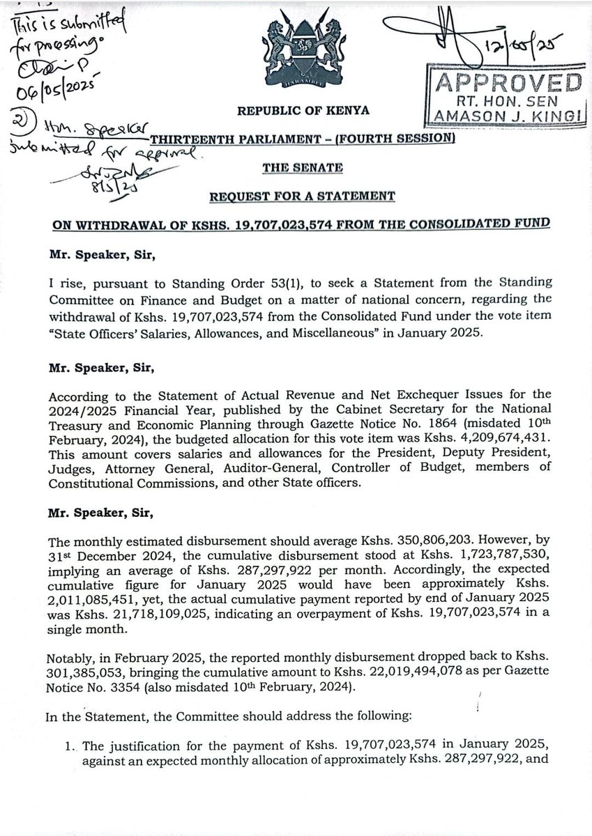 dancan_onyango1's tweet image. It is being eaten, fellow Kenyans.

Sen. @OkiyaOmtatah has, once again, flagged an irregular withrawal of KES 19B from the Consolidated Fund  (reportedly) to pay State Officers' salaries in January 2025. 

This is against an approved budget of 4.2B for the entire 2024/2025 FY!…