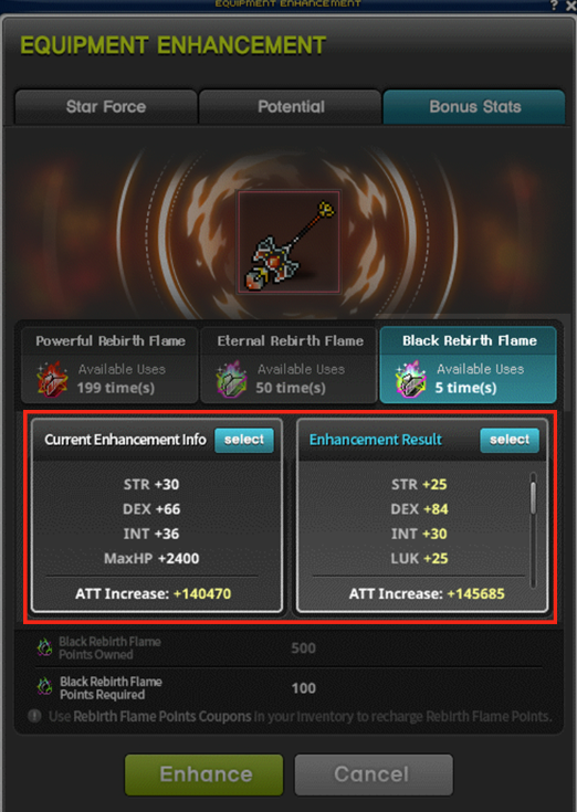 🔥 What Are Bonus Stats?
Bonus Stats, commonly known as Flames, are additional stat lines on equipment that appear in green text. These stats are randomized and can significantly boost your gear by adding:

🔹STR, DEX, INT, LUK
🔹Attack Power, Magic Attack
🔹All Stat %, HP, MP
