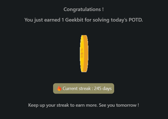 SumitKumar9128's tweet photo. 🧵 Day 245 of #geekstreak2025
✅ GFG POTD: Look and Say Pattern
🧠 Started from "1" and iteratively built each term by reading the previous term — count followed by digit.
Just classic string building logic 🔁

🔁 #dsa #string #patternlogic #potd #gfg245 #geekstreak2025 https://t.co/MKpVEvUf2E