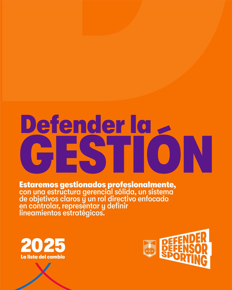 Estaremos gestionados profesionalmente, con una estructura gerencial sólida, un sistema de objetivos claros y un rol directivo enfocado en controlar, representar y definir lineamientos estratégicos. #DefenderDefensorSporting #Lista2025

<a href="/DiegoFranzini2/">Diego Franzini</a>
<a href="/MiguelFranco95/">Miguel Franco</a>
<a href="/ElPineyrua/">El Piñe</a>
