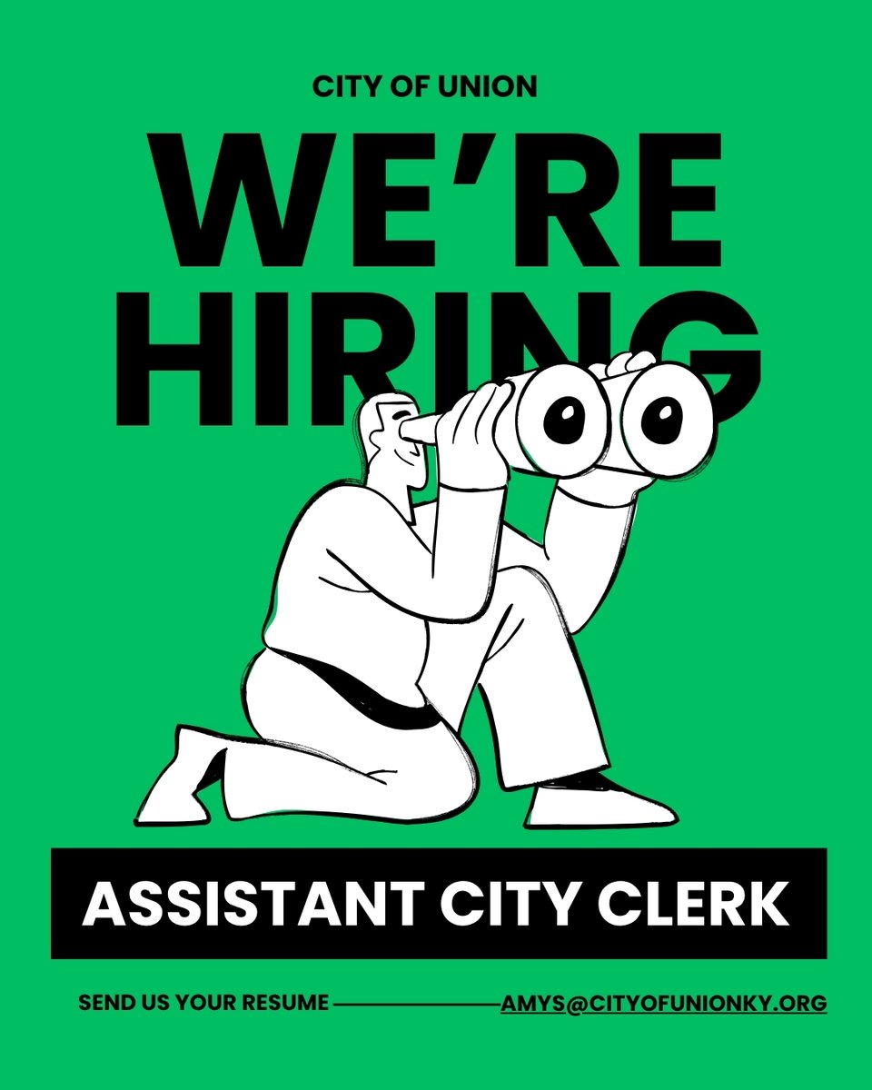 📣NOW HIRING: Part-Time Assistant City Clerk
The City of Union is currently seeking an Assistant City Clerk to join the part-time contract position.
If interested, send your cover letter and resume to 
amys@cityofunionky.org
please find requirements here: cityofunionky.org/employment/