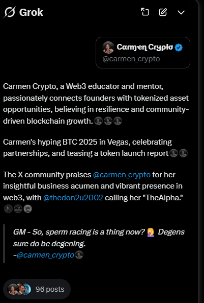Cαɾɱҽɳ Cɾყρƚσ (@carmen_crypto) on Twitter photo GROK is really doing me dirty to highlight the 1 post that is not Web3 centric.
BTW Breaking news on that sperm race... fertility doctors have confirmed that that is not what sperm look like. - Race ticket buyers got rugpulled. Silly Degens.
Shout out to <a href="/thedon2u2002/">🦴👑Donny Ðoge 🪐</a> for GROK is really doing me dirty to highlight the 1 post that is not Web3 centric.
BTW Breaking news on that sperm race... fertility doctors have confirmed that that is not what sperm look like. - Race ticket buyers got rugpulled. Silly Degens.
Shout out to <a href="/thedon2u2002/">🦴👑Donny Ðoge 🪐</a> for