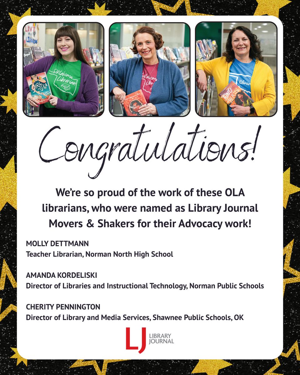 Oklahoma Library Association (@oklibs) on Twitter photo We are so proud of the work of OLA Members, Molly Dettmann, Amanda Kordeliski, and Cherity Pennington who were named as <a href="/LibraryJournal/">Library Journal</a> Movers & Shakers for their advocacy work in Oklahoma!!
Read more: libraryjournal.com/story/molly-de… We are so proud of the work of OLA Members, Molly Dettmann, Amanda Kordeliski, and Cherity Pennington who were named as <a href="/LibraryJournal/">Library Journal</a> Movers & Shakers for their advocacy work in Oklahoma!!
Read more: libraryjournal.com/story/molly-de…