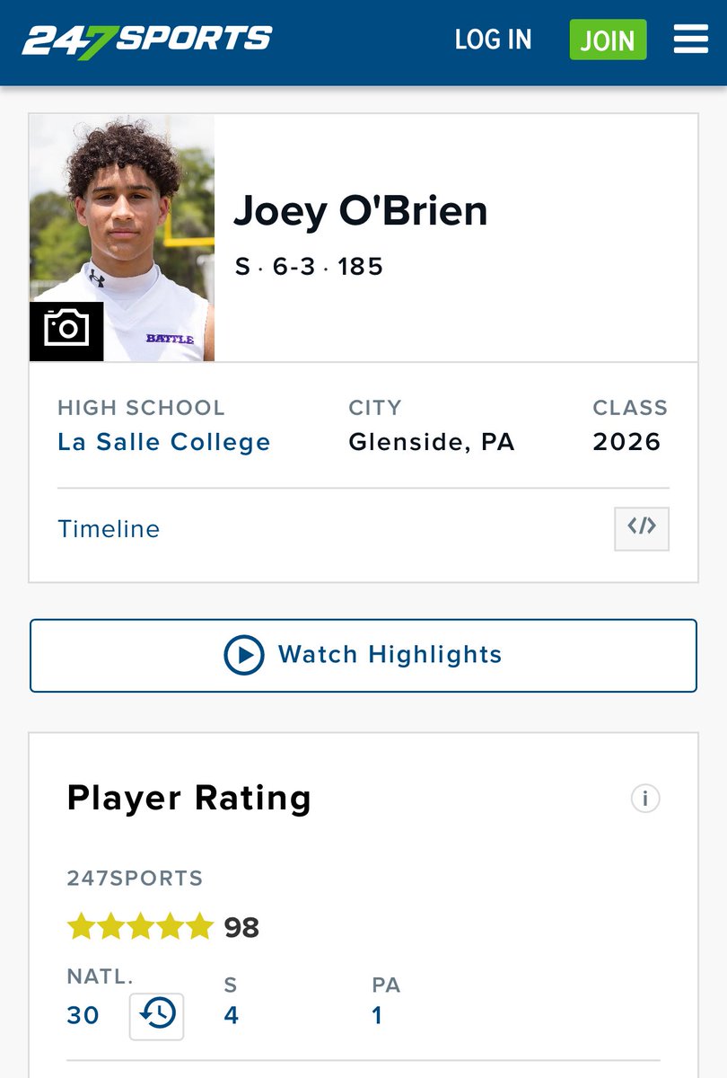 Joey O’Brien (@joey_obrien6) on Twitter photo I am extremely blessed to be named a 5 star by <a href="/247Sports/">247Sports</a>! <a href="/LaSalleFball/">La Salle College HS Football</a> <a href="/TomLoy247/">Tom Loy</a> <a href="/BrettGordonLSHS/">Brett Gordon</a> <a href="/TorreySmithWR/">Torrey Smith</a> I am extremely blessed to be named a 5 star by <a href="/247Sports/">247Sports</a>! <a href="/LaSalleFball/">La Salle College HS Football</a> <a href="/TomLoy247/">Tom Loy</a> <a href="/BrettGordonLSHS/">Brett Gordon</a> <a href="/TorreySmithWR/">Torrey Smith</a>