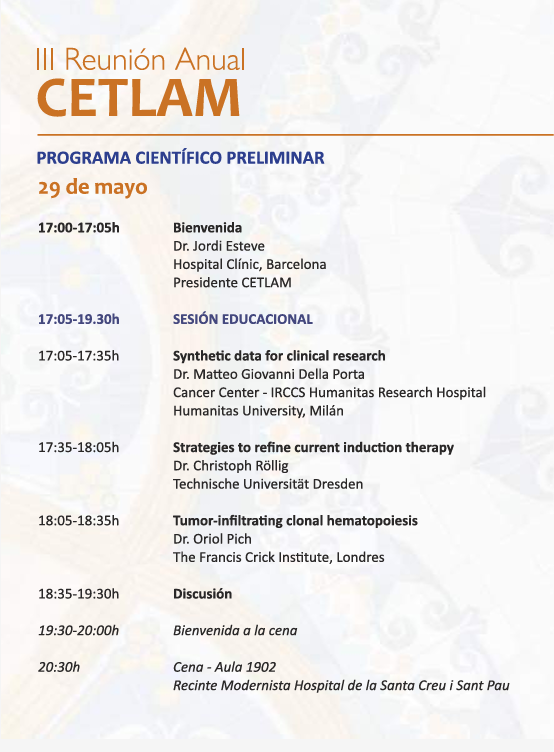 CETLAM (@grupocetlam) on Twitter photo 👉REUNIÓN ANUAL CETLAM 2025
Tendrá lugar los días 29 y 30 de mayo en la Casa de Convalescència en Barcelona. Ya disponible el programa científico de la sesión educacional.
Inscripciones vía: secretaria@cetlam.org 👉REUNIÓN ANUAL CETLAM 2025
Tendrá lugar los días 29 y 30 de mayo en la Casa de Convalescència en Barcelona. Ya disponible el programa científico de la sesión educacional.
Inscripciones vía: secretaria@cetlam.org