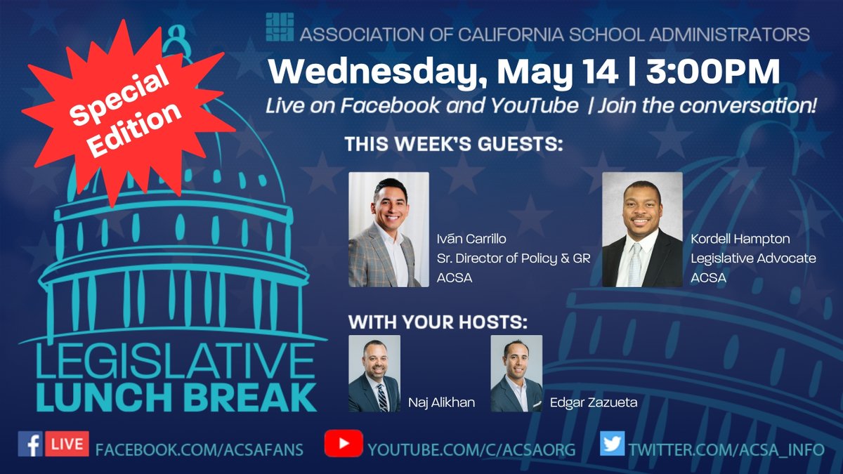 ACSA_info's tweet image. Legislative Lunch Break returns at 3 p.m. TODAY with a special edition focused on Governor Gavin Newsom&apos;s upcoming May budget revision announcement. How will the governor&apos;s proposal affect the state&apos;s public educators? Watch: youtube.com/watch?v=RIB0sC…