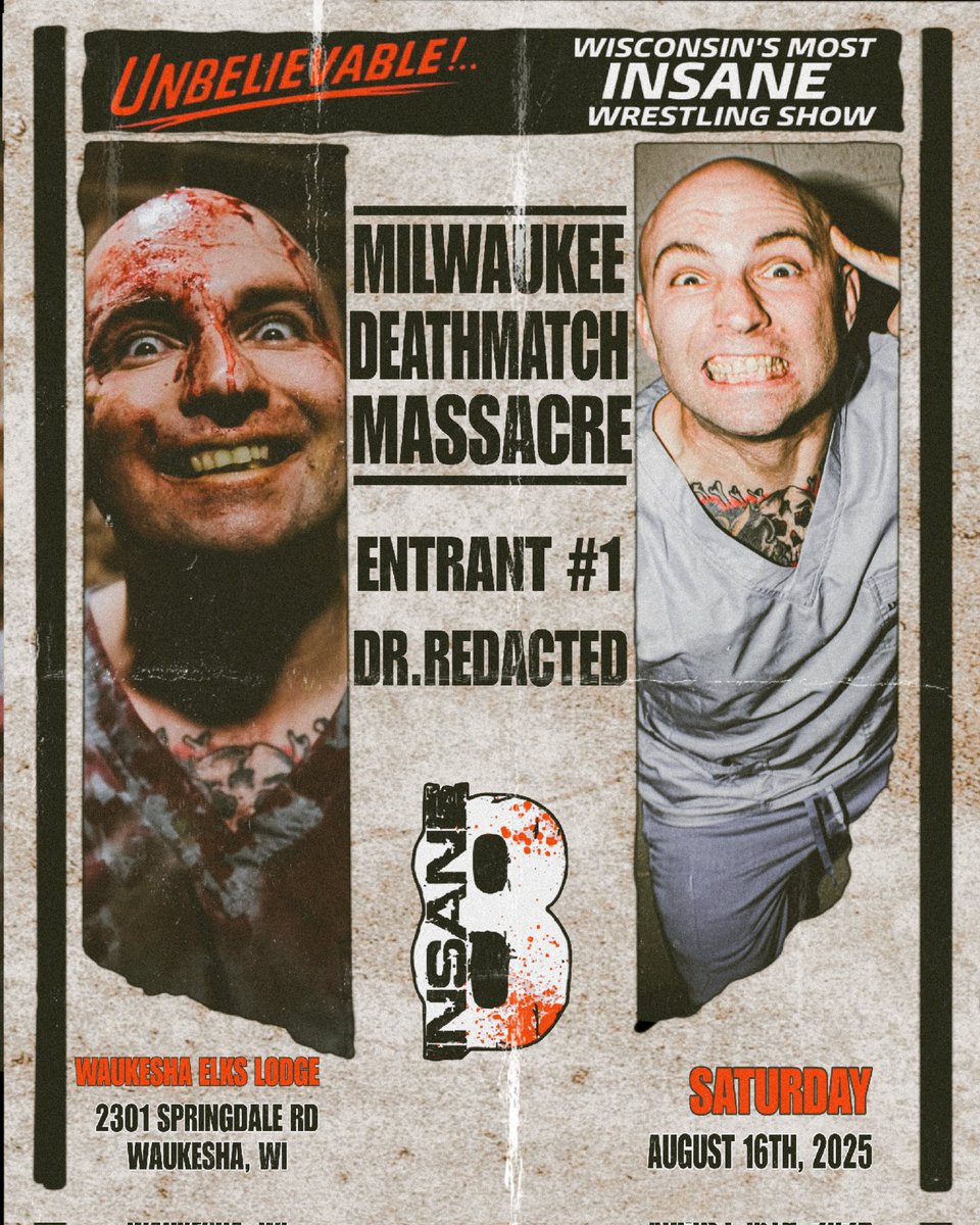 ICWMKE's tweet image. 馃毃INSANE 8 ANNOUNCEMENT馃毃
Entrants 1-4
#1: "The Murder Surgeon" Dr. Redacted
#2: "Deathproof" Tommy Trainwreck
#3: "The Ringmaster" Lil Sicko
#4: "The Greek Franchise" Yanni "GQ" Gianos