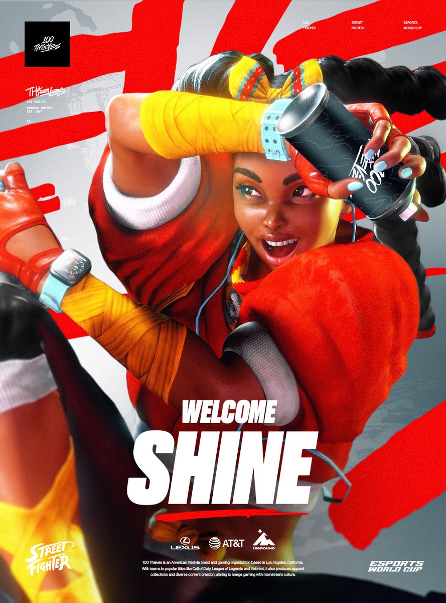 Throwing our hat in the ring. #100T

Please welcome, <a href="/Shine_NYC/">100T Shine</a> — our first ever fighting game player to represent 100 Thieves.