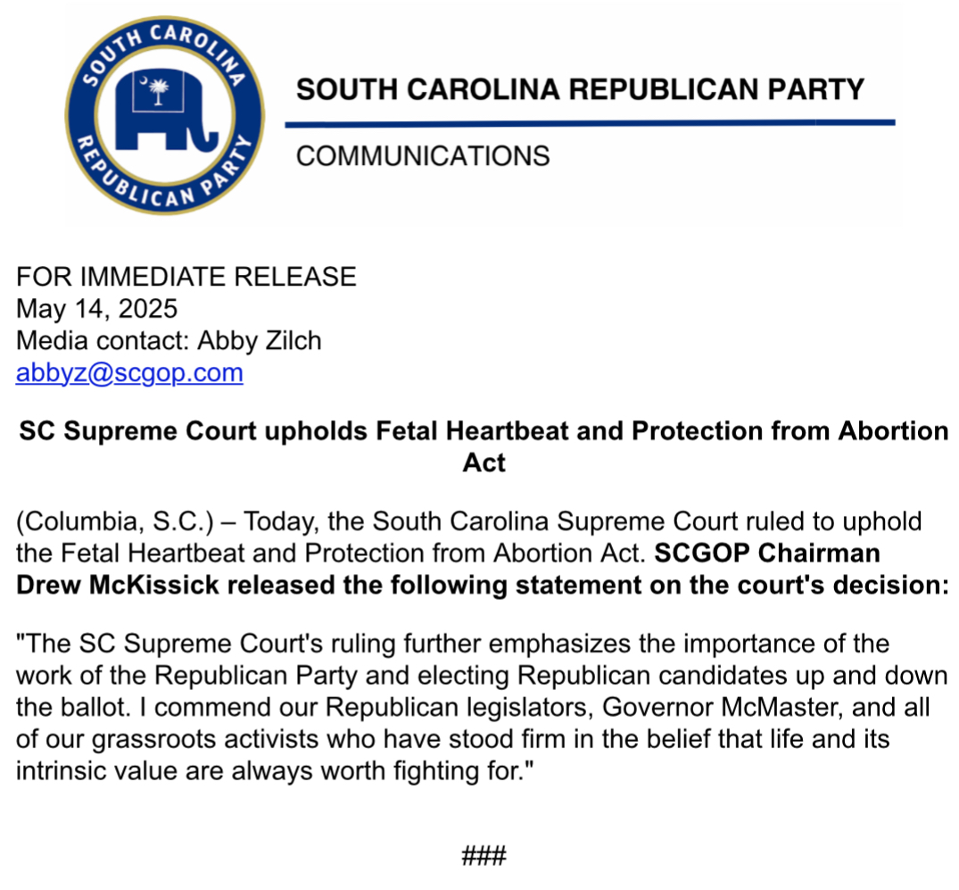 SCGOP Chairman <a href="/DrewMcKissick/">Drew McKissick</a> on today's SC Supreme Court ruling: "I commend our Republican legislators, Governor McMaster, and all of our grassroots activists who have stood firm in the belief that life and its intrinsic value are always worth fighting for."

Read HERE⬇️⬇️⬇️