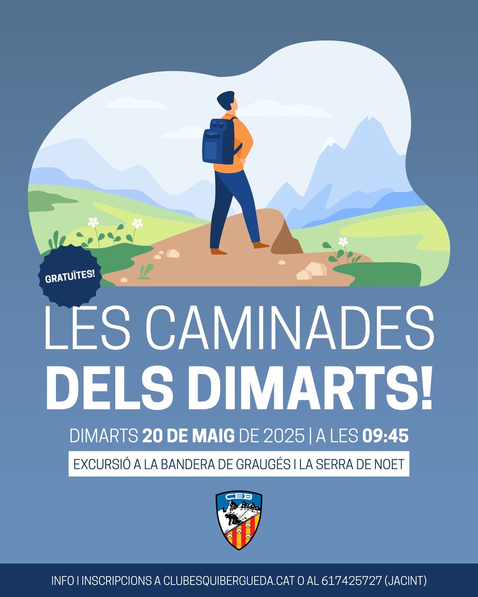 🌿 NOVETAT AL #CEB!
Inaugurem les caminades dels dimarts! 🥾💙

I la primera ja té data: 📆 aquest dimarts 20 de maig a les 9:45 h – Gratuïta i oberta a tothom!

📲 Info i inscripcions a clubesquibergueda.cat o via WhatsApp al 617425727 (Jacint)

#CaminadesCEB #ExcursióCEB