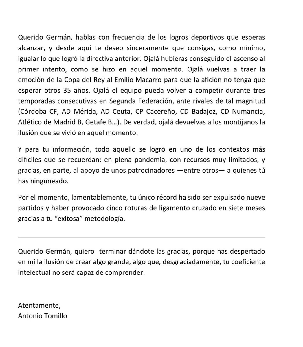 Pepeviyuela01's tweet photo. 📢SITUACIÓN COMPLICADA EN EL MONTIJO🔴⚫️‼️
👉Antonio Tomillo expropietario del Montijo comunica que german corengia no ha pagado la deuda del club así como denuncia los salarios altos de la actual directiva
👉Comprara acciones de minoritarios para informar de la situación https://t.co/2FOoVSPZuY