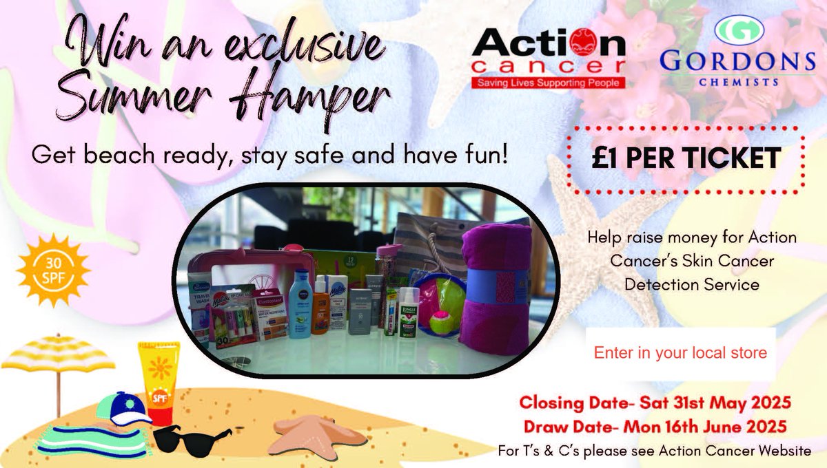 Want to win an exclusive Summer Hamper packed full of goodies? 

Help raise money for @ActionCancer Skin Cancer Detection Service by calling down to your local Gordons Chemists today to enter!

Find out more about this service by clicking this link: loom.ly/Y4ZJzyM
