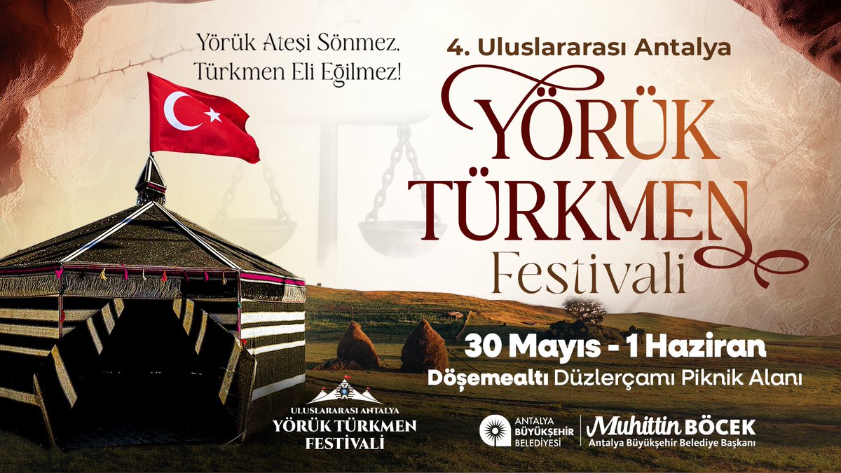 4. Uluslararası Antalya Yörük Türkmen Festivali başlıyor 🎪✅

Antalya'dan yakacağımız Yörük ateşi, hepimizin içini ısıtacak, gelecek nesillere bir miras olacak. Köklü tarihimizi birlikte keşfetmek için herkesi festivalimize bekliyorum.

🗓️ 30 Mayıs - 1 Haziran
📍 Döşemealtı
