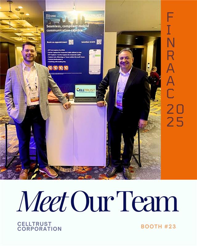 CellTrust's tweet image. Swing by Booth 23 to meet our crew! Discover how CellTrust transforms mobile communications with seamless, compliant solutions. Let’s connect! 📱✨ #Compliance #MobileSolutions #Innovation #FINRAAC