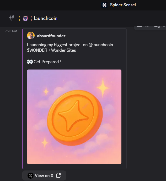 Spider Sensei (@xspidersensei) on Twitter photo How we are playing <a href="/launchcoin/">Launch Coin on Believe</a> launches
We have a channel that shows you when anyone with over 2000 followers tweets and tags <a href="/launchcoin/">Launch Coin on Believe</a>
This way you can get your sniper ready before the deploy, much more +EV than waiting for the CA and getting rekt by snipers. How we are playing <a href="/launchcoin/">Launch Coin on Believe</a> launches
We have a channel that shows you when anyone with over 2000 followers tweets and tags <a href="/launchcoin/">Launch Coin on Believe</a>
This way you can get your sniper ready before the deploy, much more +EV than waiting for the CA and getting rekt by snipers.