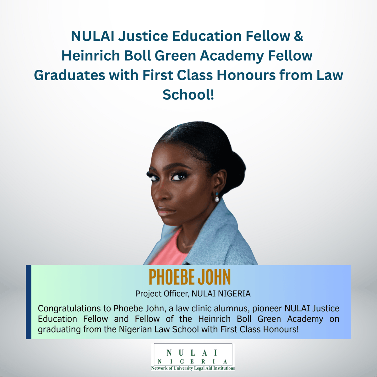 NULAINigeria's tweet photo. #WCW | Celebrating Excellence
 
Today, we celebrate one of our own, a shining example of excellence!
Congratulations to Phoebe on graduating from the Nigerian Law School with First Class Honours!

We are proud of your outstanding achievement. Keep soaring! https://t.co/cwUwGubwGP