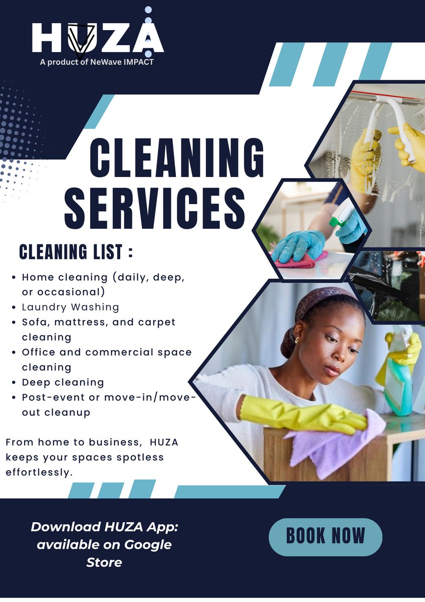 NeWaveIMPACT's tweet photo. Your space deserves sparkle! With HUZA, you’ll soon be able to book trusted cleaners for your home, car, or office in just a few taps.
🧽 Coming soon! Want to be a cleaning service provider? Sign up now and join the HUZA network!
#HUZAApp #CleaningOnDemand #SmartLiving #RwoT https://t.co/4VInFJ3g8i