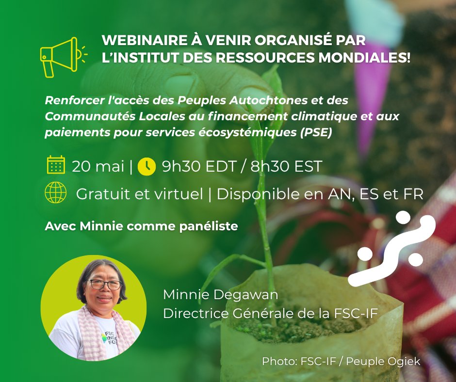 FSC Indigenous Foundation (@fsc_if) on Twitter photo 🌿 Rejoignez le webinaire de <a href="/WRIEquity/">WRI Equity</a> sur l’accès équitable au financement climatique & aux PSE
📅 20 mai | ⏰ 8h30 EST | 💻 AN, ES et FR
🎙 Avec Minnie Degawan, notre Directrice Générale
🔗 Inscription : tinyurl.com/29keya5s
#DroitsAutochtones #FinanceClimatique 🌿 Rejoignez le webinaire de <a href="/WRIEquity/">WRI Equity</a> sur l’accès équitable au financement climatique & aux PSE
📅 20 mai | ⏰ 8h30 EST | 💻 AN, ES et FR
🎙 Avec Minnie Degawan, notre Directrice Générale
🔗 Inscription : tinyurl.com/29keya5s
#DroitsAutochtones #FinanceClimatique