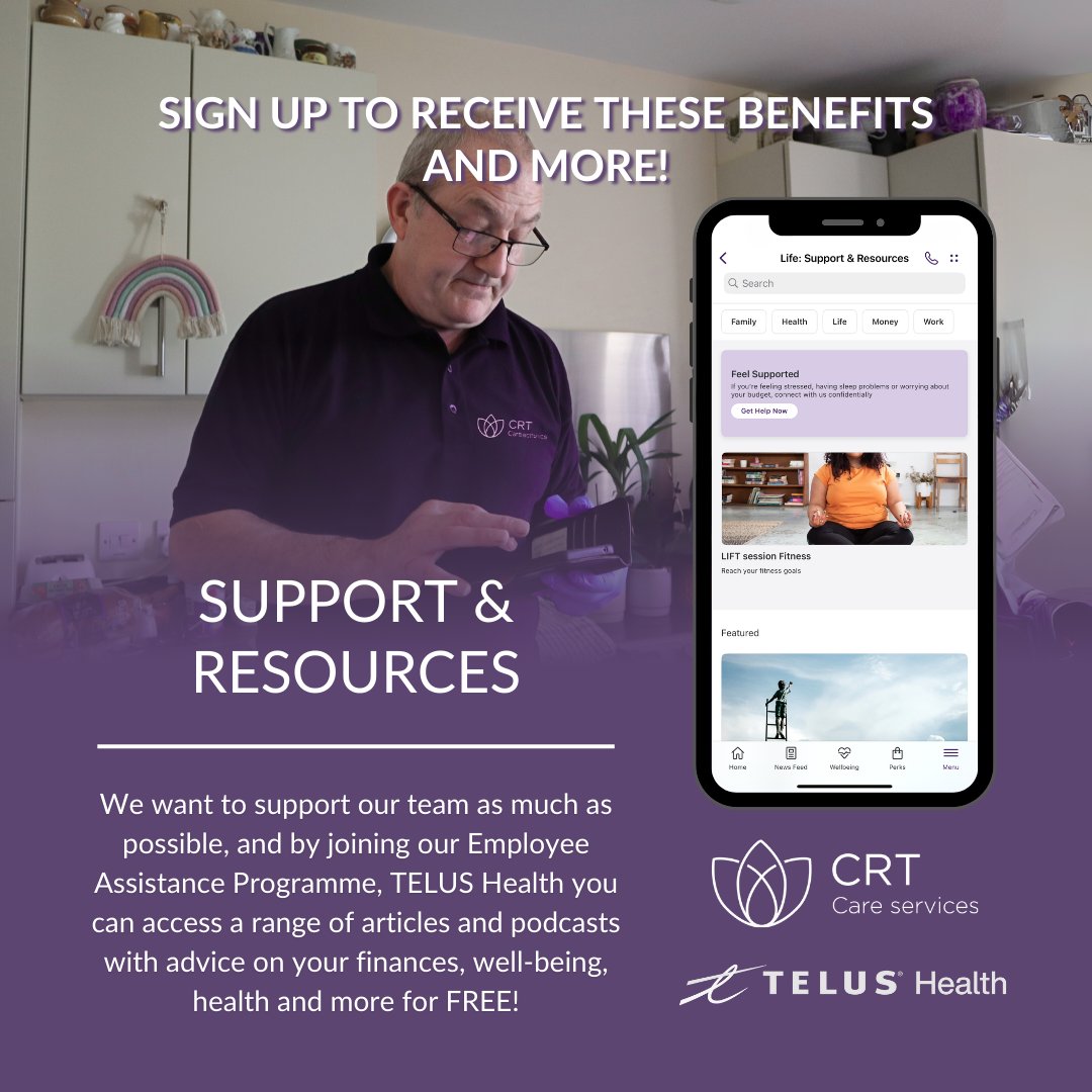 CRTCareServices's tweet image. We want to ensure our #carers feel fully supported. Our #EmployeeAssistanceProgramme, #TELUSHealth, is FREE to join for our staff! You can gain access to #support regarding #finances, #health and more. Interested in joining? Email tilly.brown@dalecare.co.uk for your invitation!